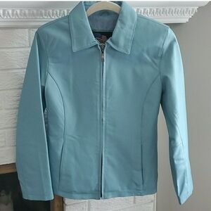 Vintage Leather USA Elegant Women's Light Blue Genuine Leather Jacket Sz S Y2K